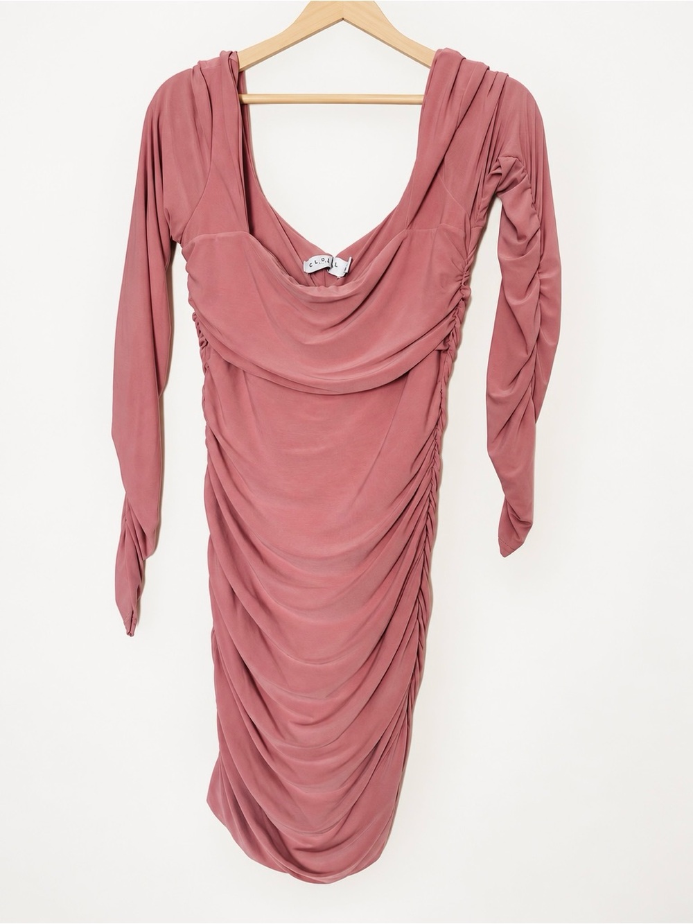 Club L London-  Muse | Rose Long Sleeve Square Neck Ruched Mini Dress